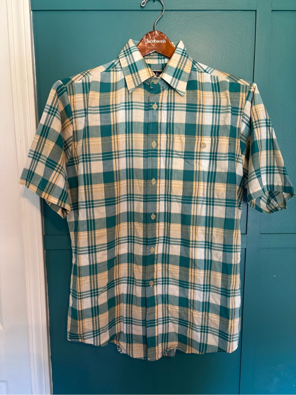 Par Four Men's Teal and Cream Plaid Short-Sleeve Button-Up Shirt Size Medium